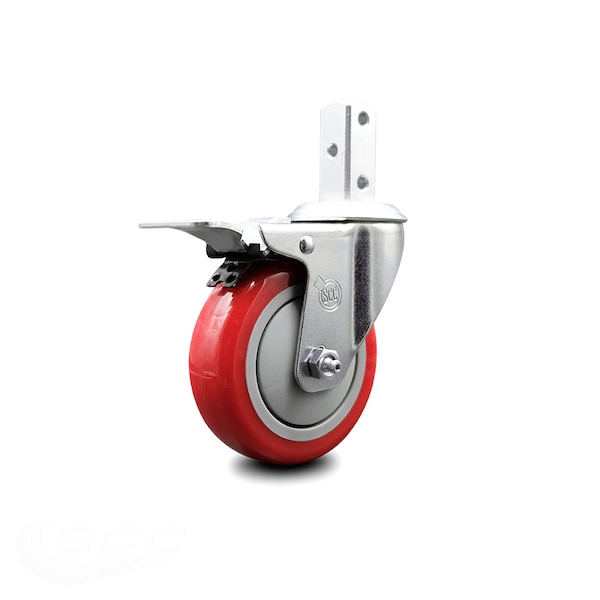 4 Inch Red Poly Wheel Swivel 7/8 Inch Square Stem Caster with Total Lock Brake